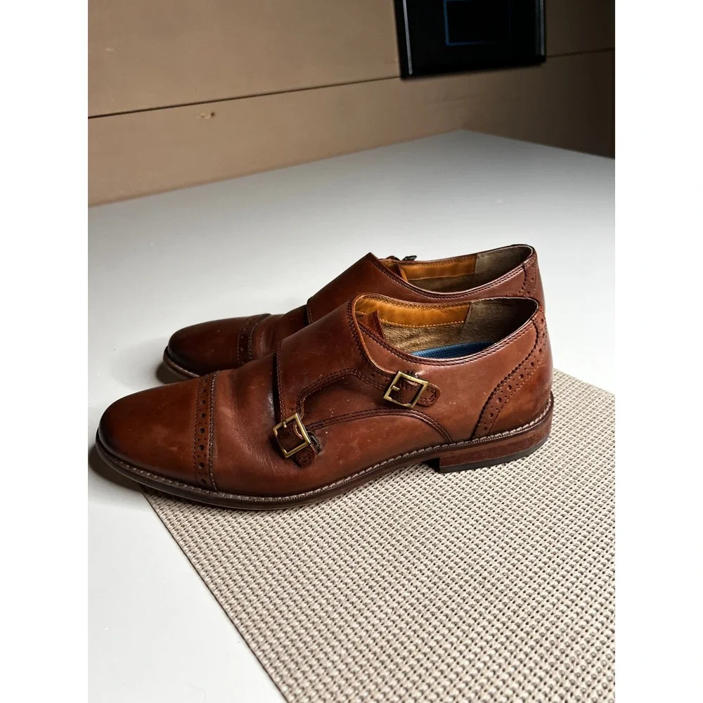 Florsheim Mens 9.5D Double Monk Strap Shoes Brown Leather Cap‎ Toe Brogue 11590